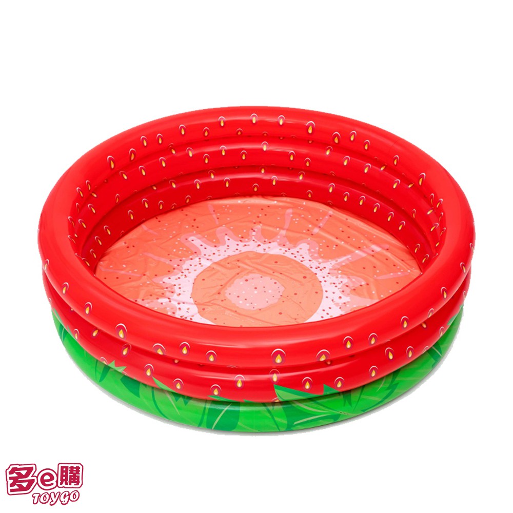 環保PVC材質製造，安全無毒清涼草莓造型，從視覺開始就消暑造型可愛、顏色鮮豔、做工精細外表平滑不銳利，使用更舒適收納體積小、重量輕，方便帶著走戲水、球池/室內、室外皆可用，一年四季都好玩內容物：泳池*