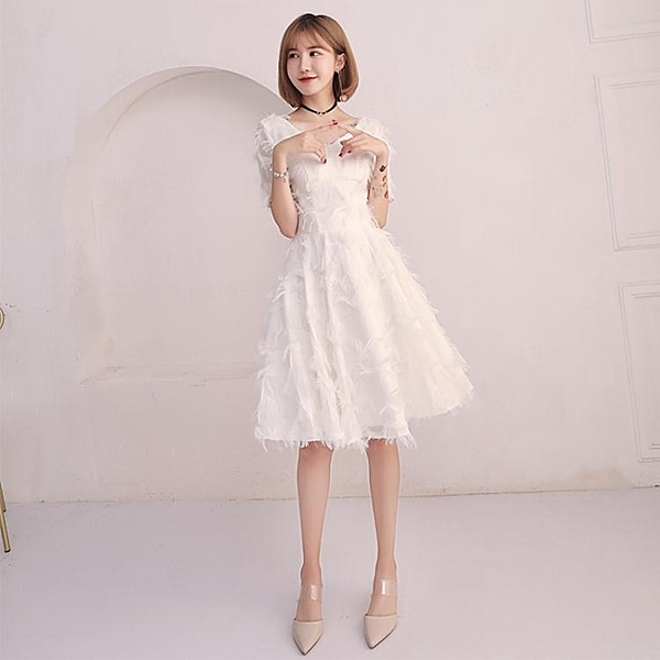 白色晚禮服女2018新款冬季宴會顯瘦名媛短款生日派對小禮服連衣裙