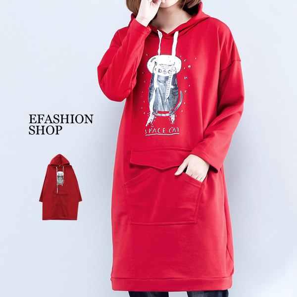 ★秋冬現貨★ 中大尺碼 太空貓咪假蓋袋刷毛連帽長版T-eFashion 【G16602008】