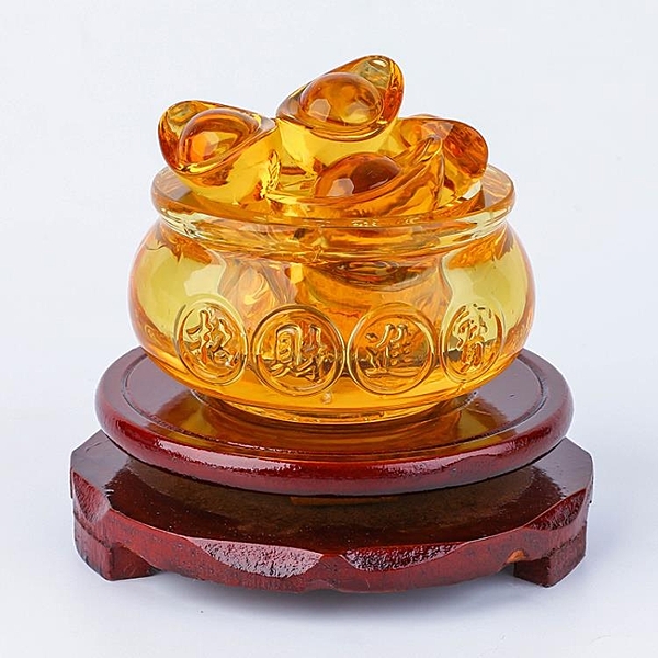琉璃聚寶盆批發黃水晶聚寶盆裝飾工藝品進寶大小號金元寶家居擺件