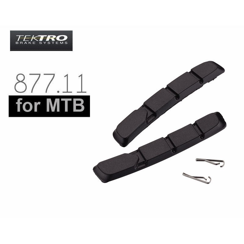 品名：彥豪TEKTRO 877.11登山車V型煞車更換片(一輪份)品號：0320-7597 顏色：黑色煞車皮+銀色固定螺絲 (照片僅供參考，實際出貨顏色以原廠為主)重量：64 公克 尺寸：長 70 m
