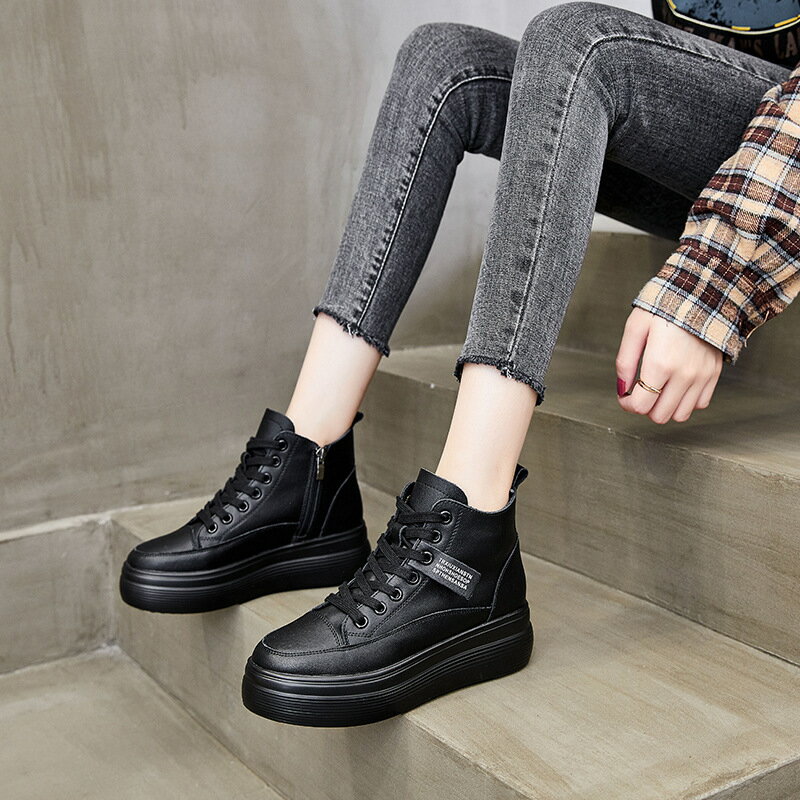 厚底休閒鞋女 鞋子女2023年冬季加絨加厚保暖軟皮高幫松糕厚底鞋內增高休閑板鞋-快速出貨