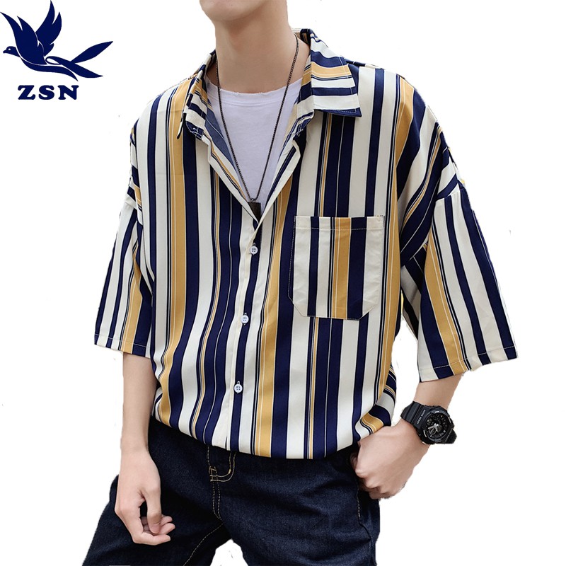 大尺碼M-5XL 短袖條紋襯衫 五分袖潮牌戶外休閒寬鬆襯衫 復古旅行度假海邊夏威夷襯衫條紋印花襯衫 韓版帥氣襯衫外套