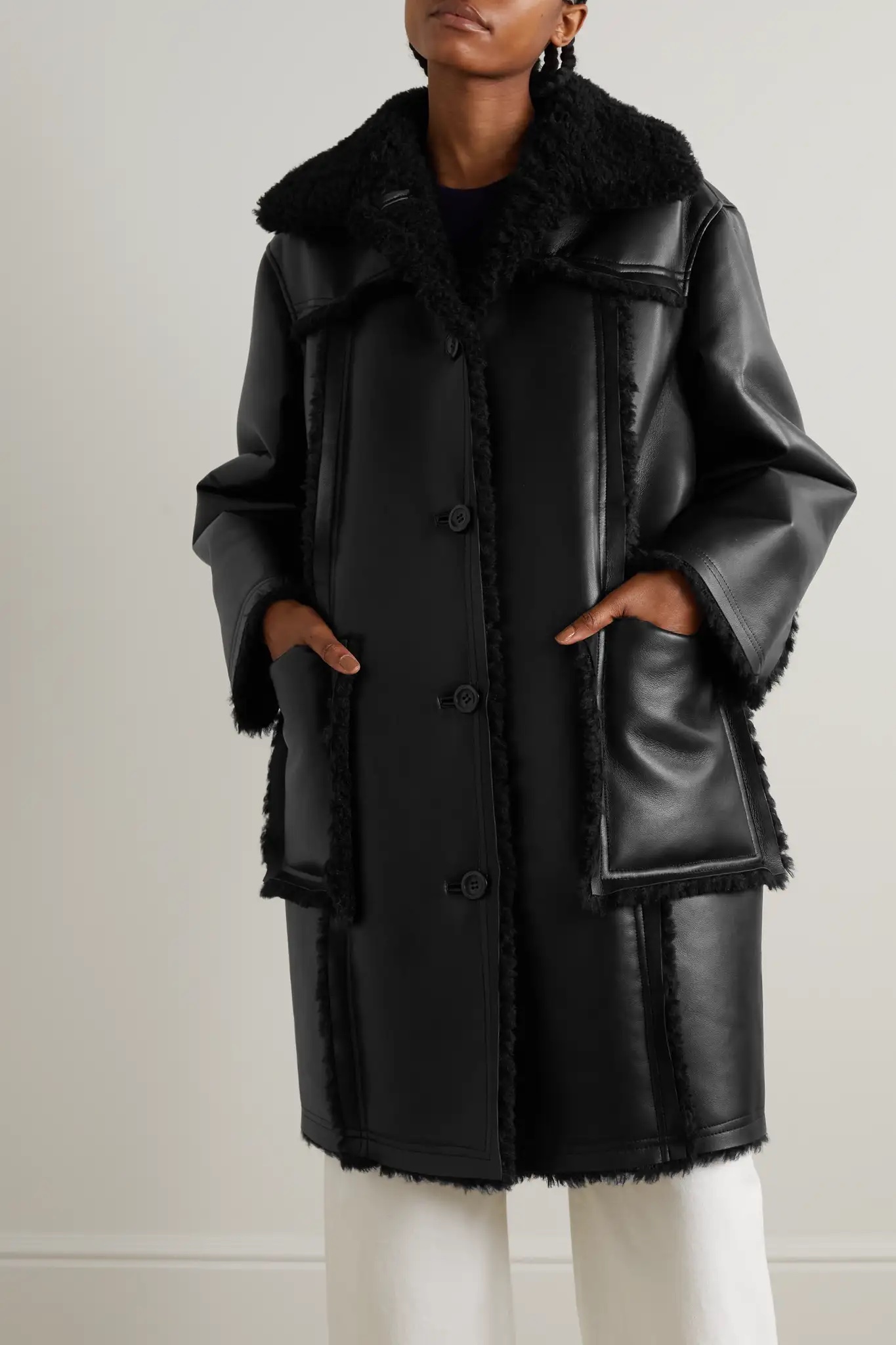 STAND STUDIO Rodeo faux fur-trimmed faux leather coat