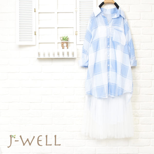 J-WELL 格子防曬長袖襯衫內襯洋二件組 (組合898 7J1140藍+8J1311白)