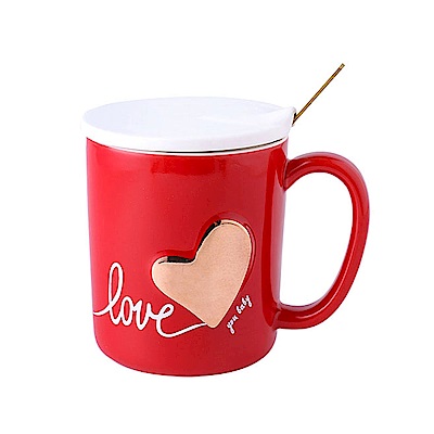 愛之心馬克杯 (附蓋+攪拌棒) - 紅-金心 牛奶/咖啡/果汁杯