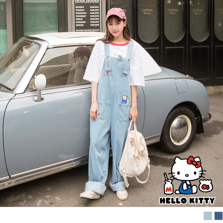 復古可愛的Kitty印圖，營造出俏麗可愛氣息~ 寬鬆的吊帶褲版型，帶有率性質感意味。 無論搭配任何上衣，皆可創造時髦有型LOOK!! ************** 小提醒： 版型偏大，請依照個人喜愛的