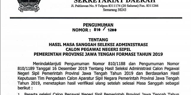 Pemprov Jateng Umumkan Hasil Sanggah Cpns 2019 156 Peserta