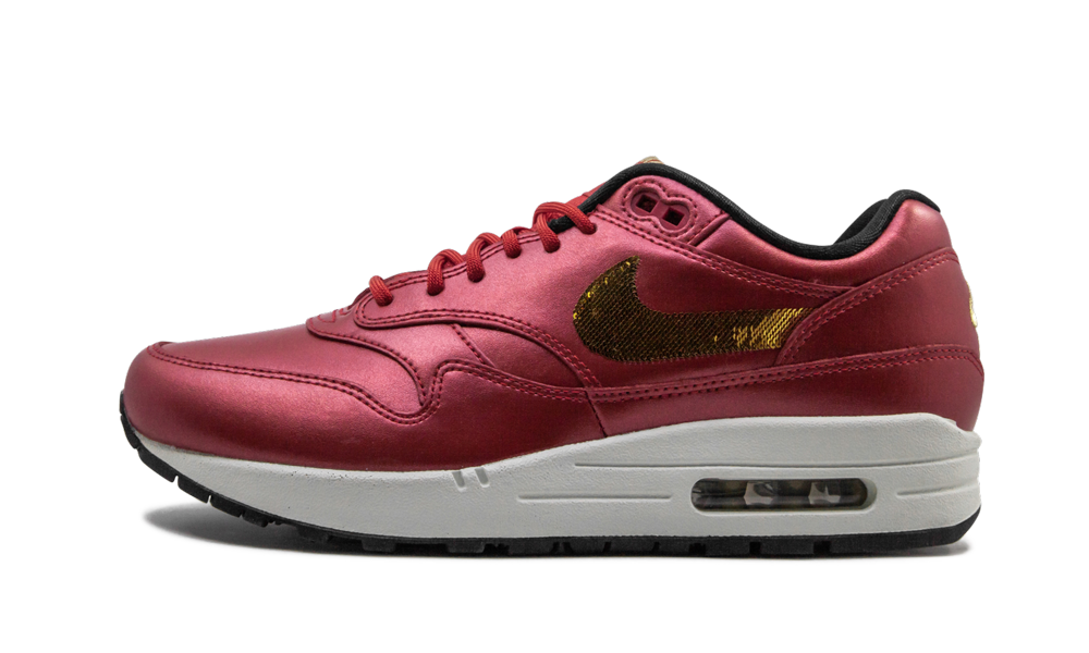 The Nike Air Max 1 Women's lifestyle sneaker, with its vibrant hue and glamourous detailing, instant