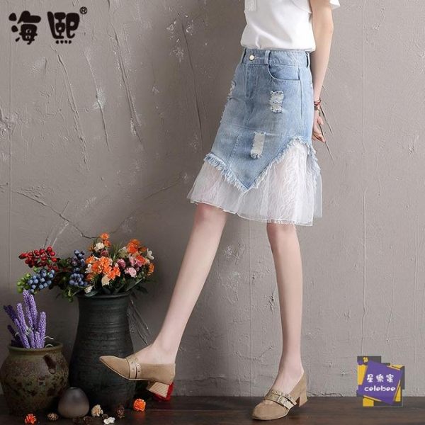 短裙 牛仔半身裙女夏2019新款韓版高腰a字裙拼接網紗魚尾裙包臀裙短裙 2色S-2XL