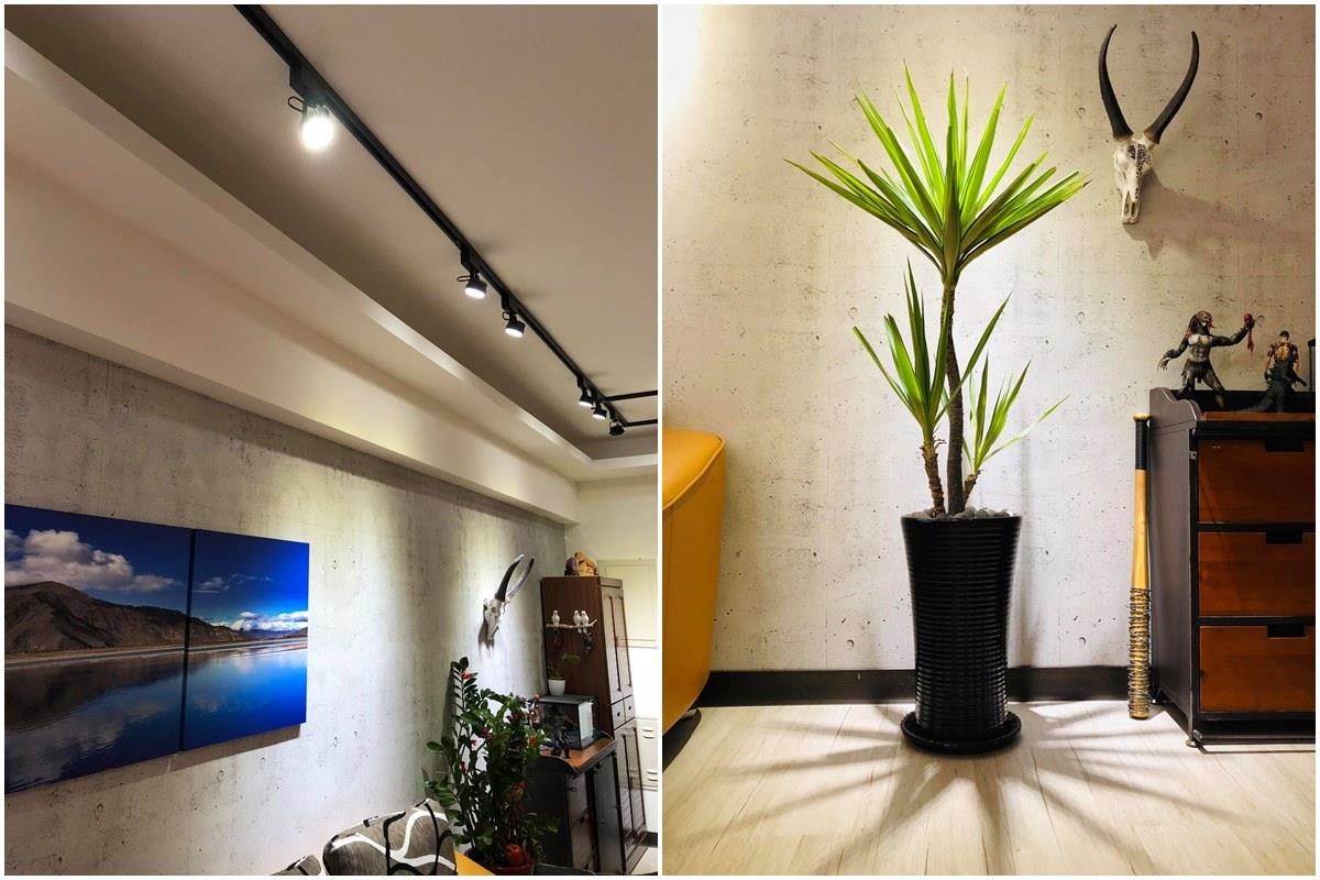 仿清水模的沙發背牆，也是他利用壁布自己 DIY 的，簡單創造出質樸的空間感。