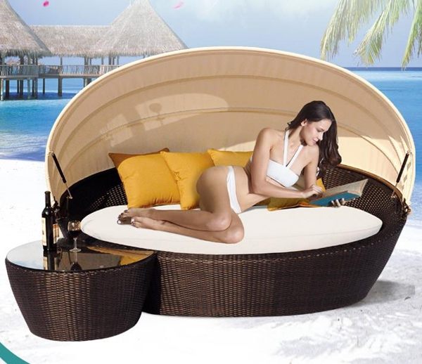 戶外沙灘椅 躺床戶外躺椅帶篷室外陽臺露天圓床沙灘藤編床別墅圓形床藤沙發床 mks薇薇