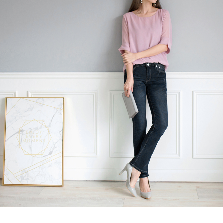 韓版藍黑復古小喇叭牛仔褲