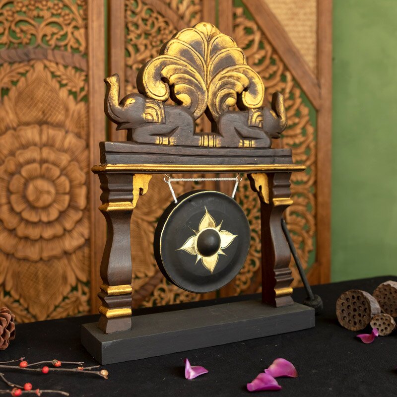 異麗木材銅鑼客廳裝飾桌面擺 泰國木質做舊雕刻居家飾品工藝品