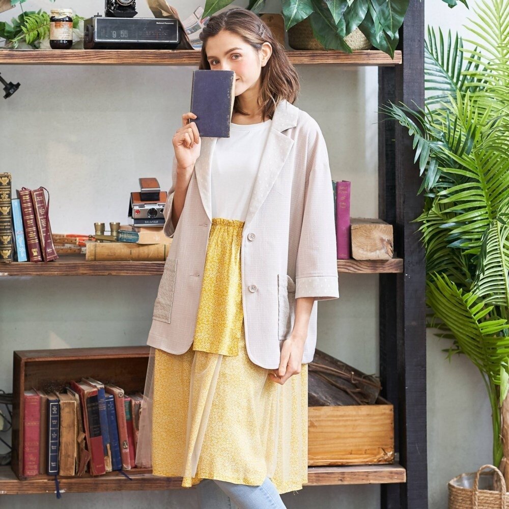 Pink Outlet*知性感點點網紗拼接薄西裝外套 (深米色) T2701AQ 《★超取499免運》