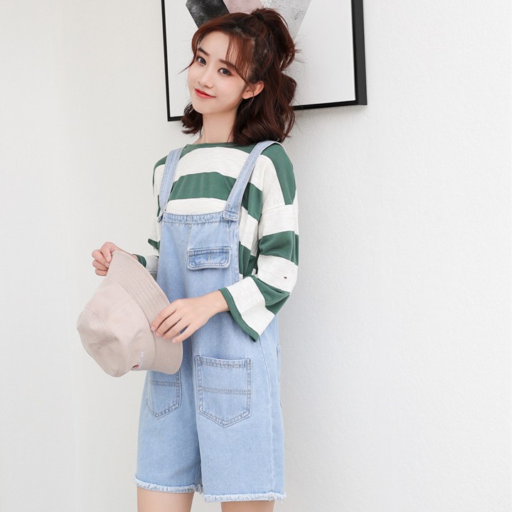 現貨實拍 少女牛仔吊帶短褲 復古寬鬆休閒百搭刷破毛邊水洗牛仔短褲連身褲闊腿寬褲口袋背帶褲