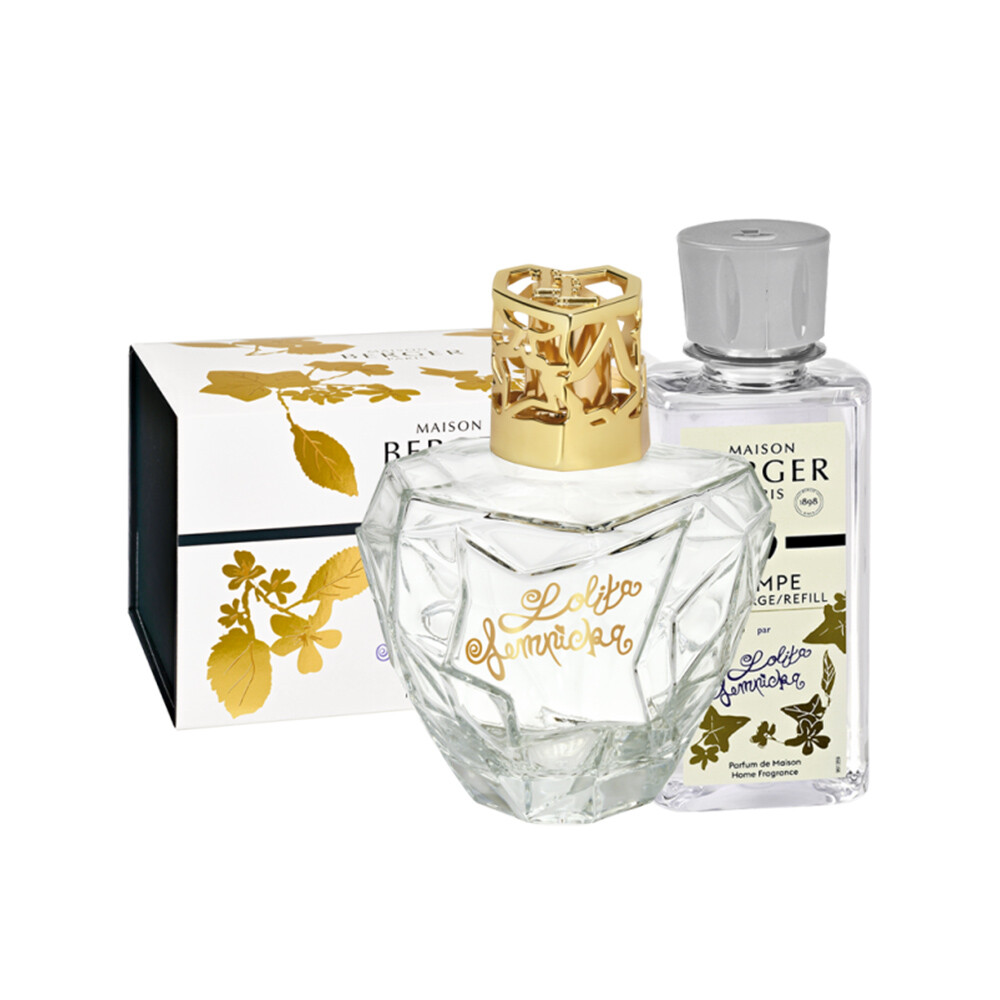 BERGER 法國柏格 透明 -洛麗塔（鑽石型)薰香燈-禮盒 禮盒內含薰香燈一入、鏤空蓋一入、密封蓋一入、蕊頭、漏斗、180ML的蘿莉塔薰香油 容器尺寸：直徑 7 公分 x 高 15 公分 (為人工測