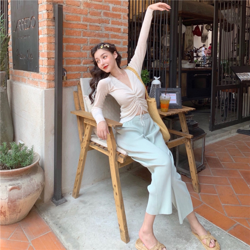 韓版休閑薄款透氣微透長袖v領防曬空調打底衫搭顯瘦奶奶褲寬松休閑九分褲