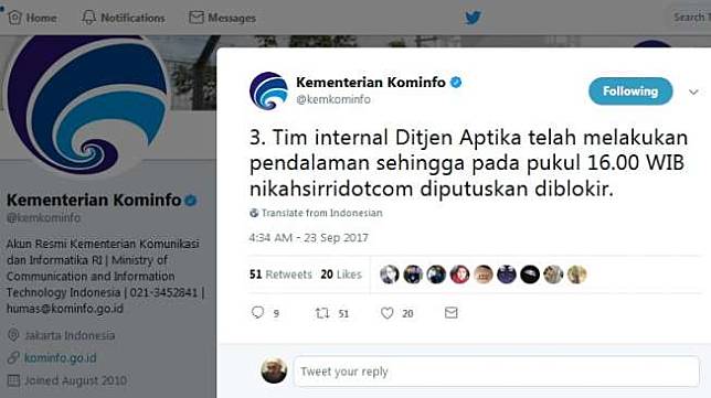 Kemkominfo mengumumkan telah memblokir website kontroversial nikahsirri.com pada Sabtu (23/9). [Twitter/@kemkominfo]