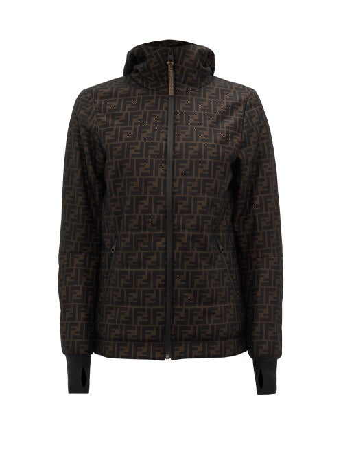 Fendi - Fendi's brown jacket features the label's signature FF logo print, based on a sketch by Karl