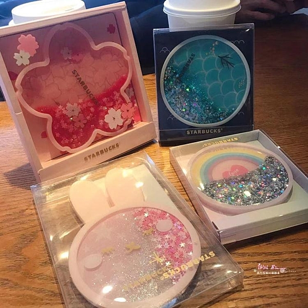 星巴克新款彩虹小兔子櫻花海洋流沙創意咖啡杯杯墊隔熱墊碗墊
