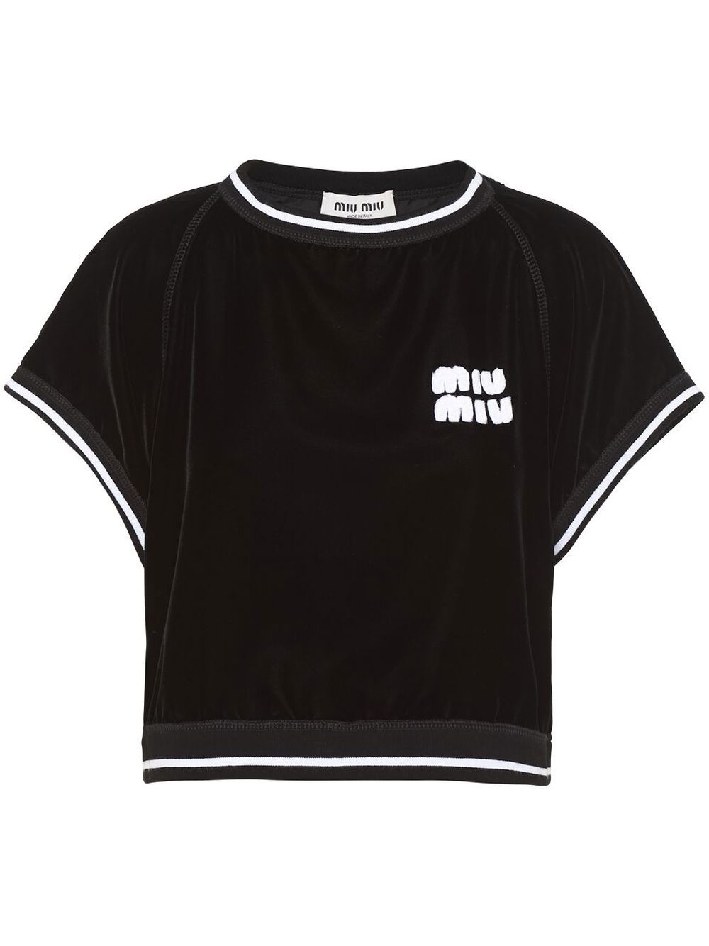 Miu Miu - logo-patch velvet cropped T-shirt - women - Viscose/Cupro - 38 - Black