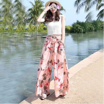 【HN02】波西米亞碎花闊腿褲裙女夏季海邊度假九分沙灘褲寬松印花雪紡長褲