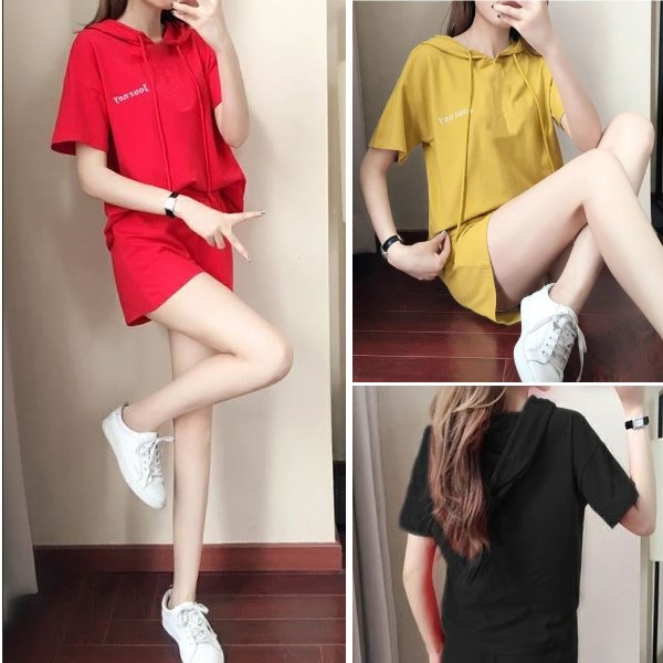 M-2XL韓版青春活力兩件式休閒運動套裝(小字母連帽T恤+顯瘦短褲)(4色)-凱西娃娃