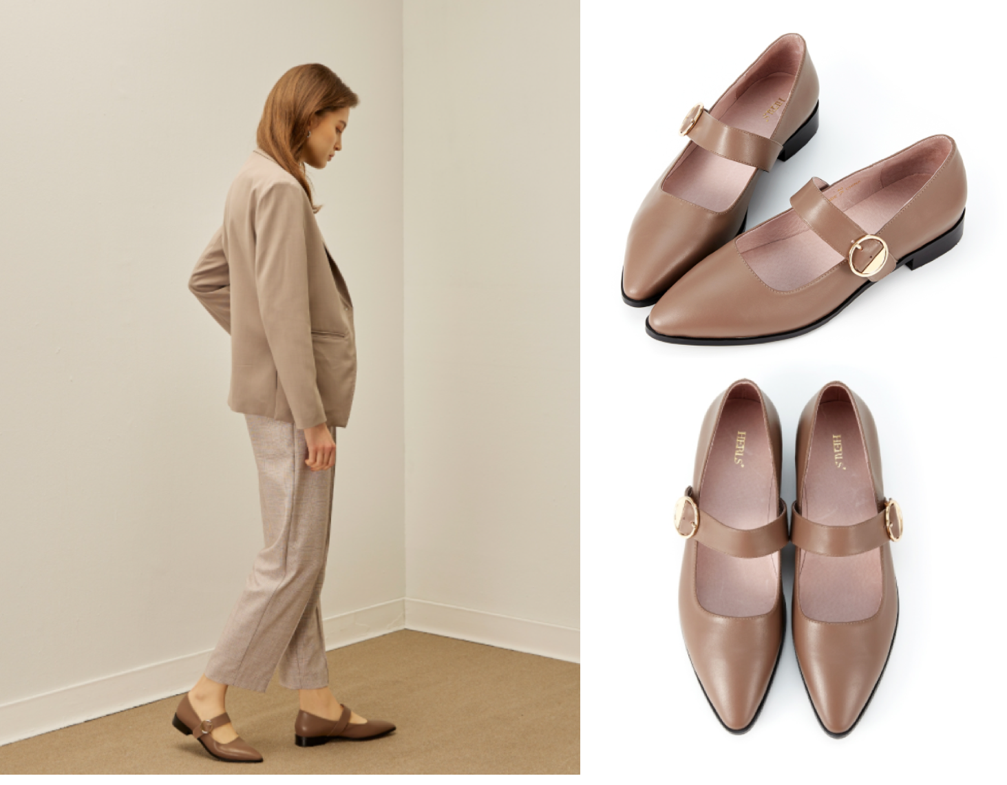 全真皮半月金釦瑪莉珍尖頭鞋