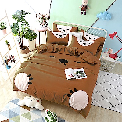 HUEI生活提案 柔絲絨被套床包三件組 單人 熊愛睏咖