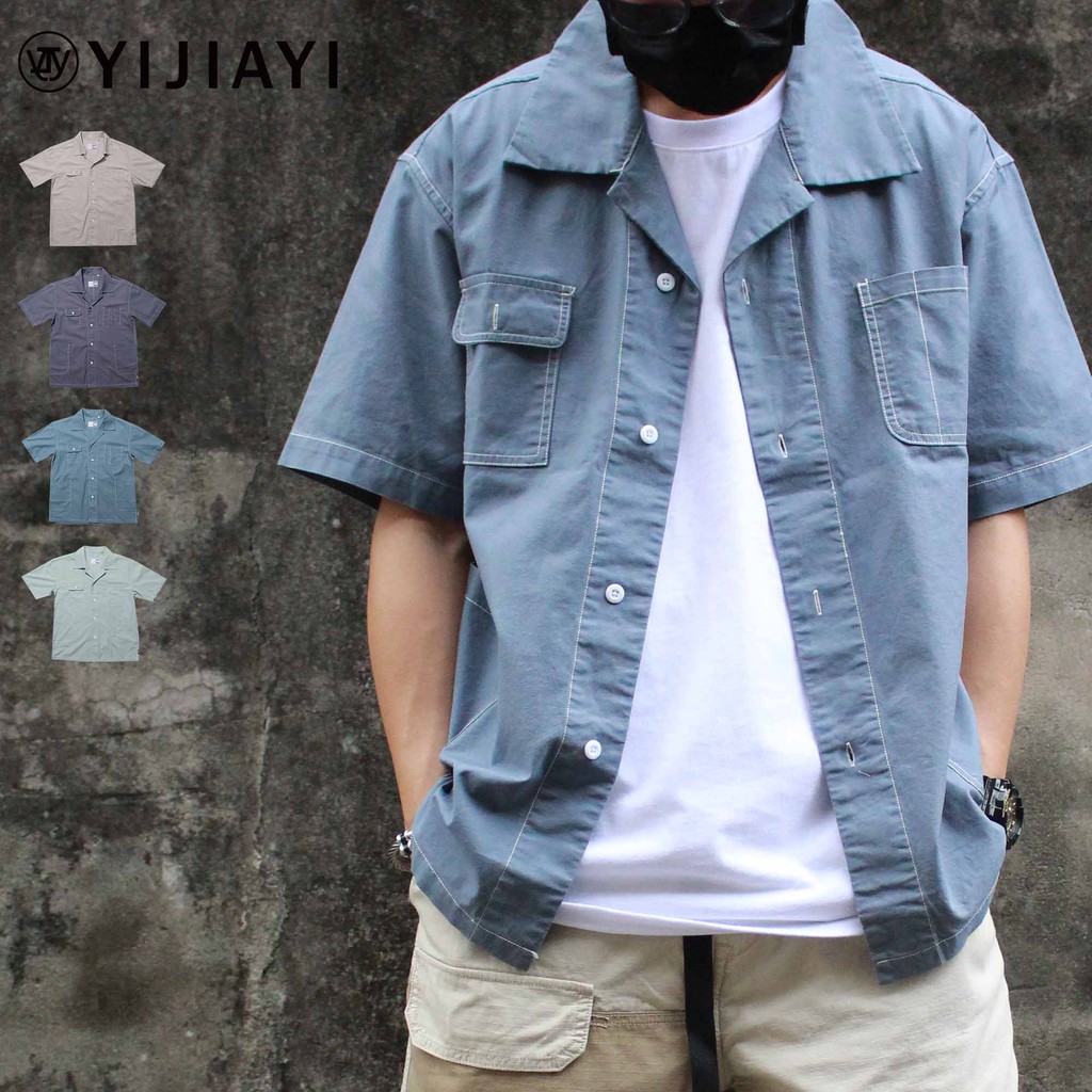 【現貨】【YIJIAYI】 日系 男裝 春夏 新款 工裝 軍裝 純色 寬鬆 復古 短袖 襯衫 (0752)