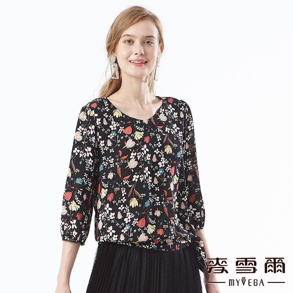 【麥雪爾】花卉印花蝴蝶結裝飾雪紡上衣