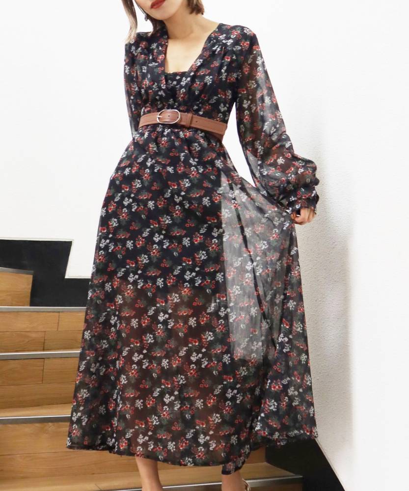 復古碎花長洋裝