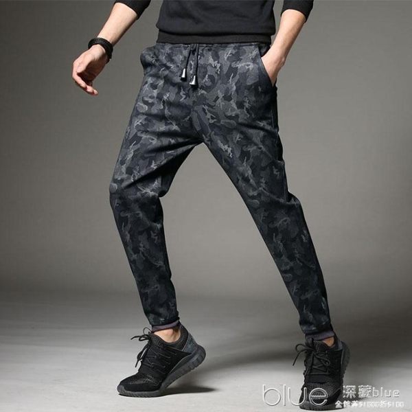 薄款迷彩褲男士運動褲修身休閒褲窄管束腳褲男衛褲子秋季哈倫褲潮 深藏blue