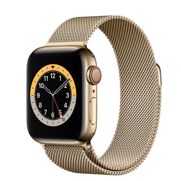 Apple Watch Series 6 (GPS + 行動網路)；40 公釐金色不鏽鋼錶殼；金色米蘭式錶環
