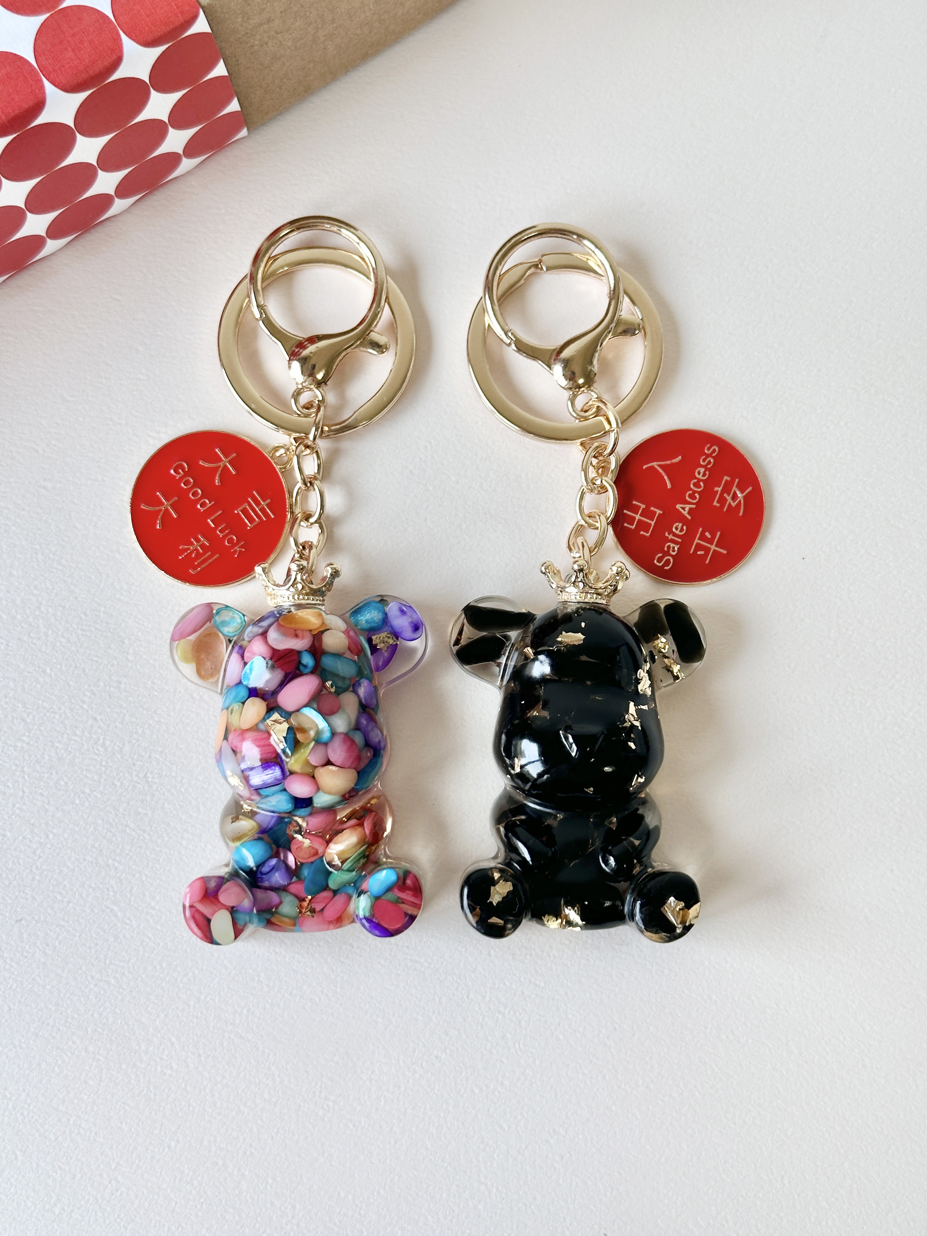 【彤恩時尚】熊平安水晶熊鑰匙圈組《大吉大利 出入平安》LINE禮物獨家限定 // 月鬼必備 負能量退散 //彩貝石 黑曜石