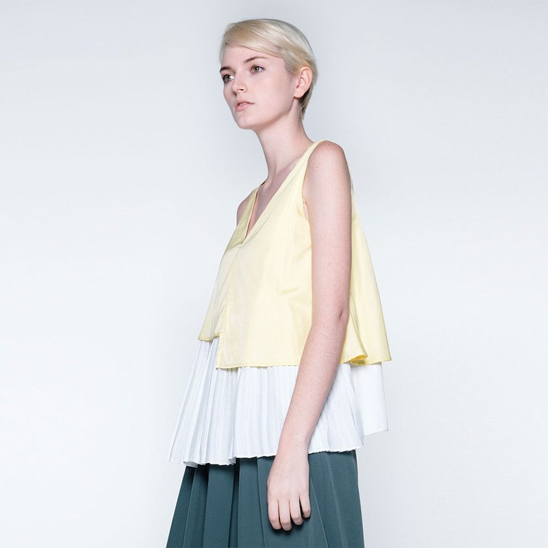無袖 雙面穿 百褶 兩色 上衣 淺黃