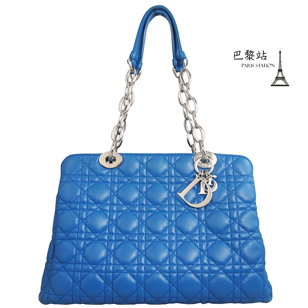 【巴黎站二手名牌專賣店】＊現貨＊Christian Dior 真品＊小羊皮菱格紋銀鍊肩背包 (寶藍色)