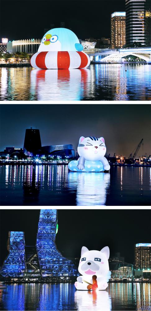 「無所事事小海豹」、「ㄇㄚˊ幾兔」、「貓爪抓」、「PP mini 小小企鵝」、「塔仔不正經」和「豆卡頻道」等貼圖角色現身愛河灣，夜晚點燈後更加顯眼。(攝影/Carter)