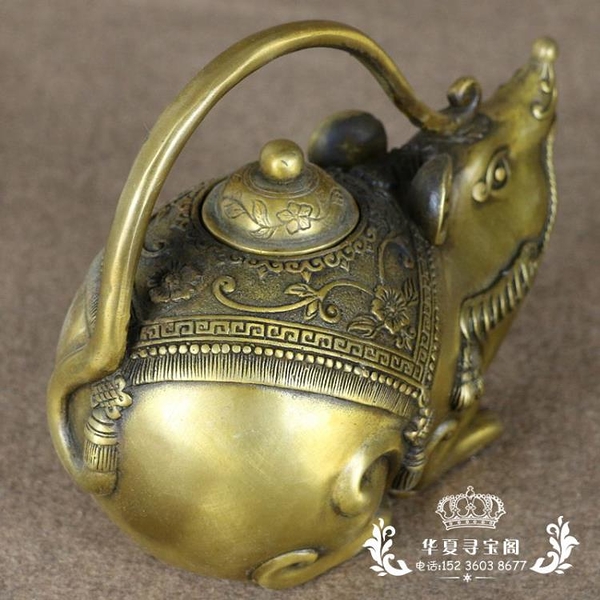 新品仿古銅器居家裝飾品黃銅水壺十二生肖老鼠純銅老鼠手提壺擺件