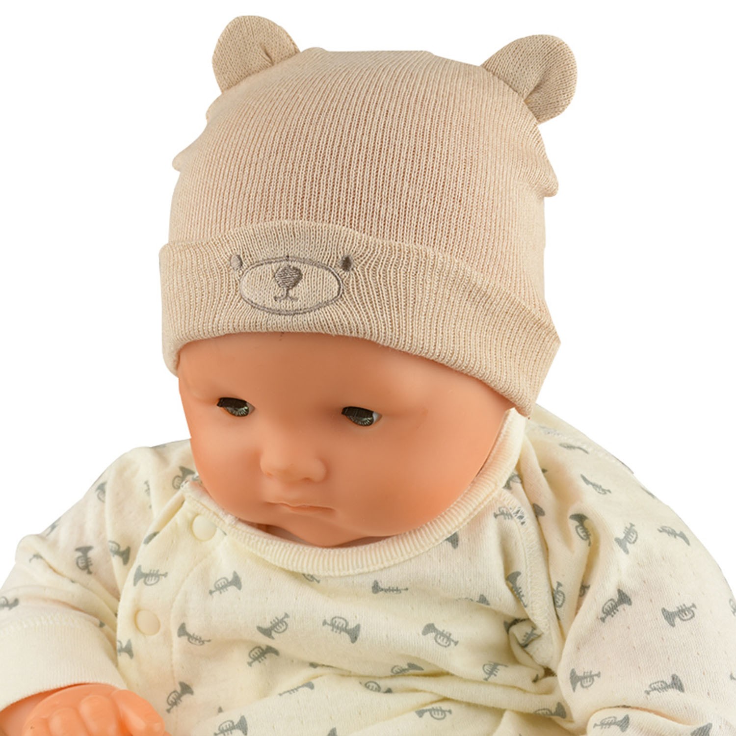 日本akachan honpo台灣線上獨賣！。使用不會感到刺痛的棉質，不會刺激剛出生的小寶寶的肌膚。。棉質非常吸汗，很適合容易流汗的小寶寶。。用特殊的紡織機編織而成，因此彈性好，且能溫柔包覆小寶寶的頭