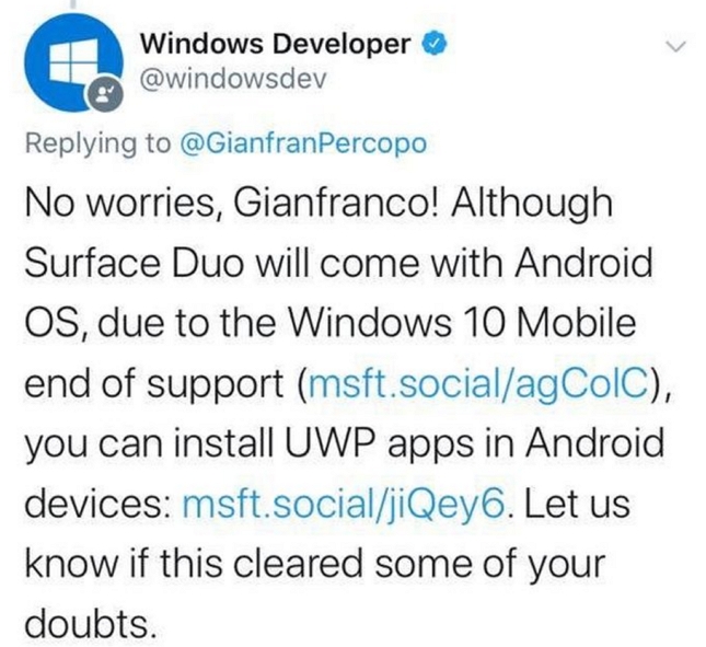 雖然安裝的是Android系統，但微軟官方帳號說Surface Duo可以執行Windows UWP應用程式？