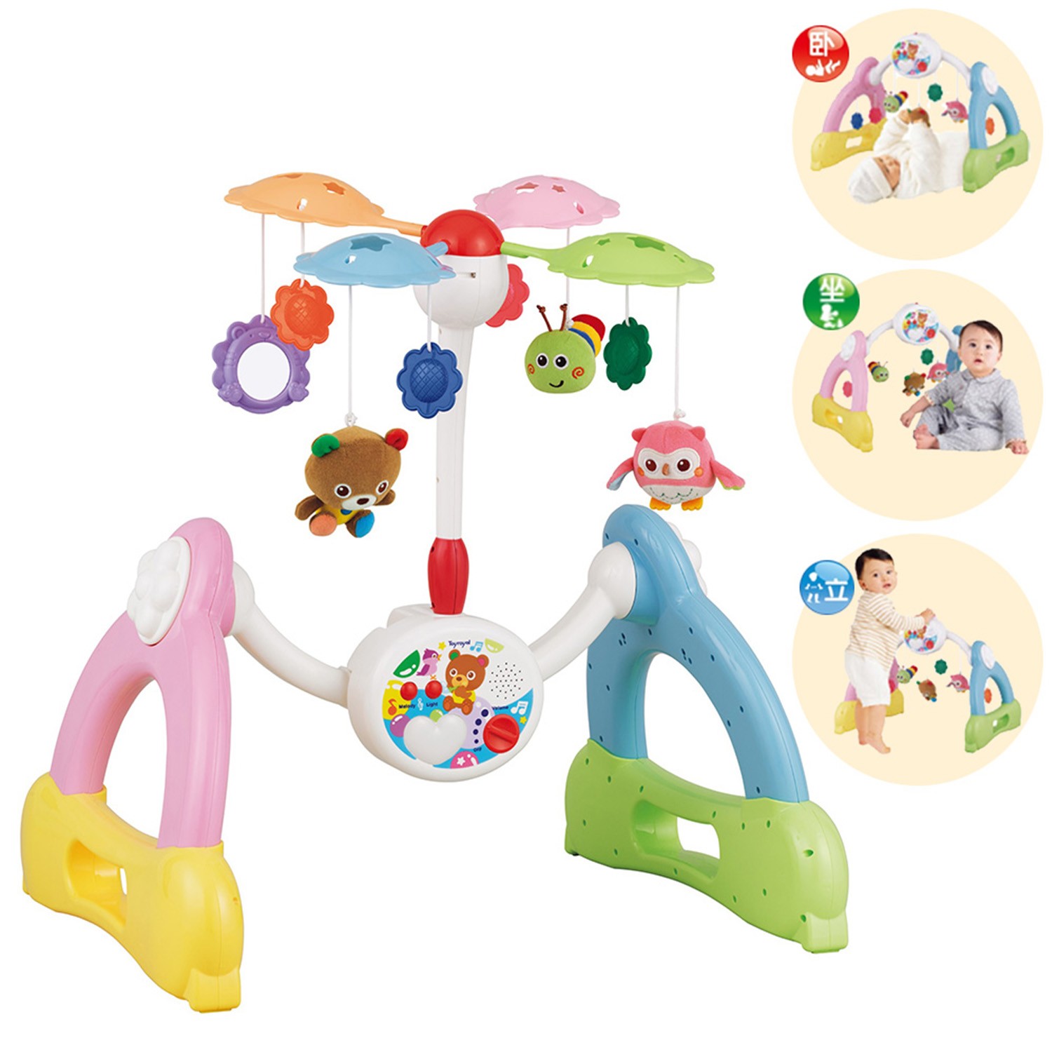 7種階段，滿足0~1歲寶寶的成長需求。。有6首柔和的五感音樂和顏色鮮艷的小吊飾，刺激寶寶聽覺與視覺發展。。具有健身架功能，可鍛鍊寶寶 獨坐 獨站 的能力。。三款布偶可以取下來給寶寶玩，鍛鍊寶寶手部抓握