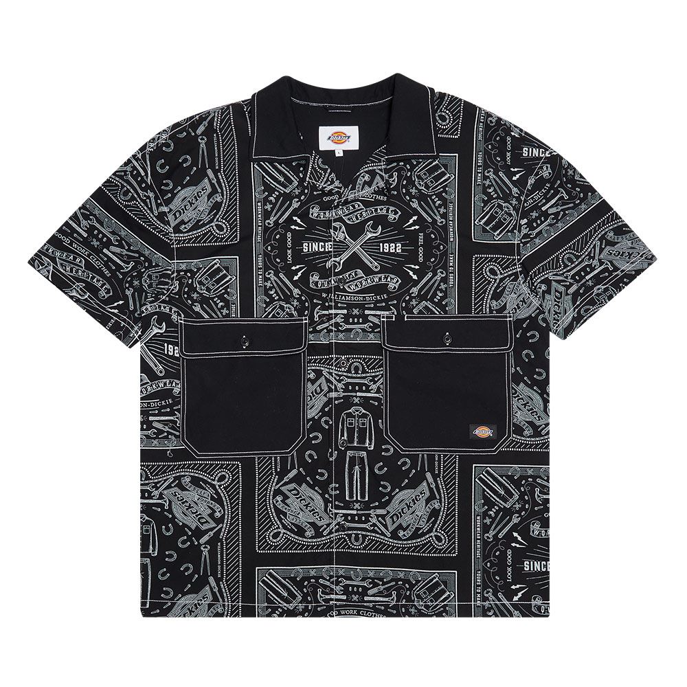 Dickies男款黑色純棉府綢滿版班達納印花拼接短袖襯衫