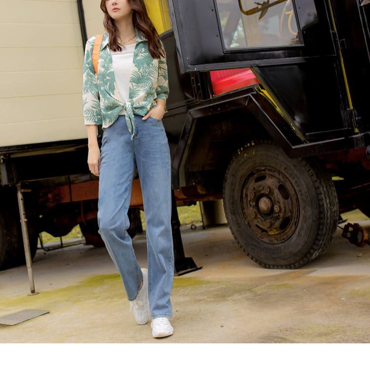 高彈力含棉牛仔高腰刷色直筒長褲