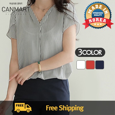 [CANMART官方旗艦店] 直條紋透膚小V領上衣