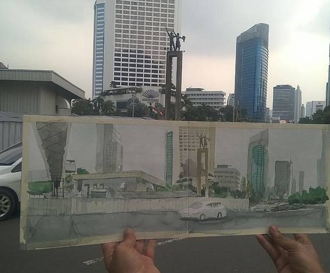 10 Sketsa Indah Pemandangan Kota Jakarta Mirip Banget Sama