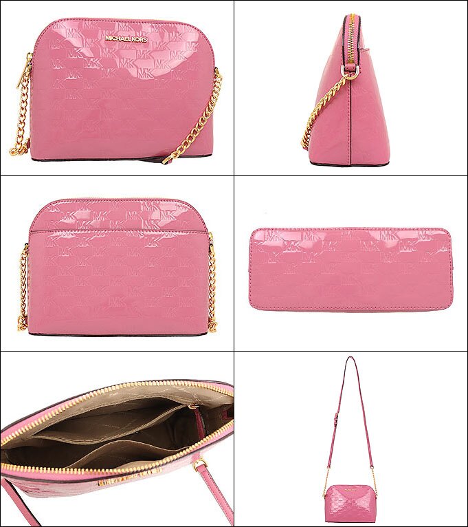 MICHAEL KORS 斜背包 貝殼包 壓印LOGO亮皮 側背包 斜背包 貝殼包~M88004 玫瑰粉色MK(現貨)