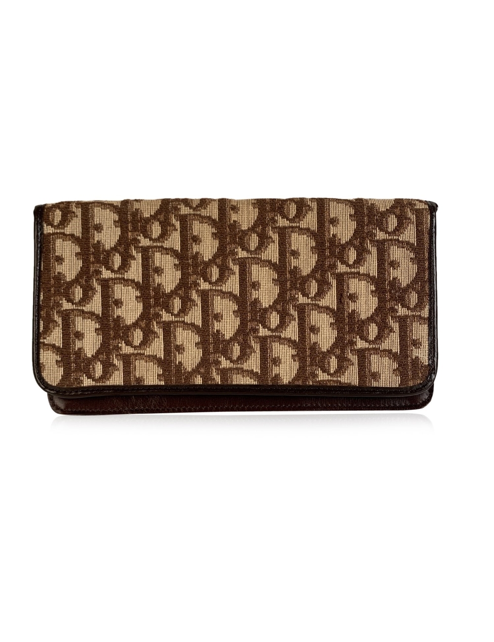 Vintage Christian Dior徽標會標Diorissimo錢包。棕色Diorissimo帆布，配以真皮滾邊。雙折設計。棕色皮革內飾。 3個開放式隔層。內部浮雕有