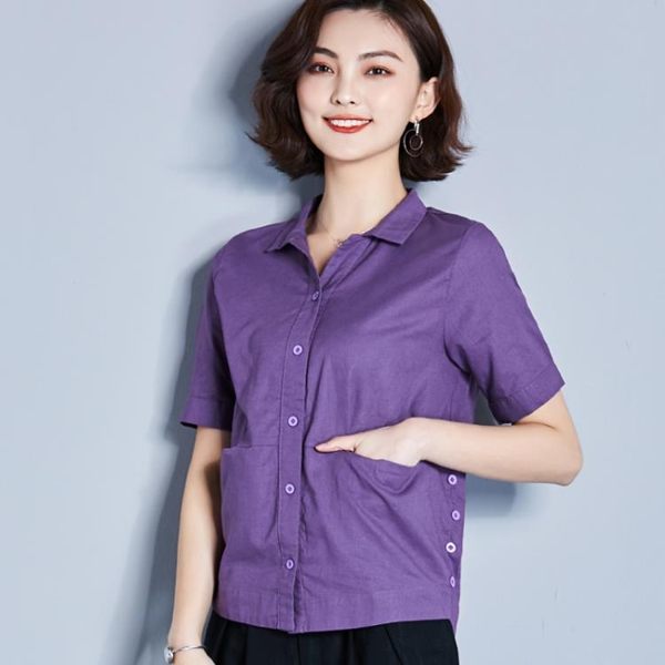 紫色純棉襯衫女洋氣短袖亞麻棉夏裝2019新款外穿短款上衣全棉襯衣名品匯